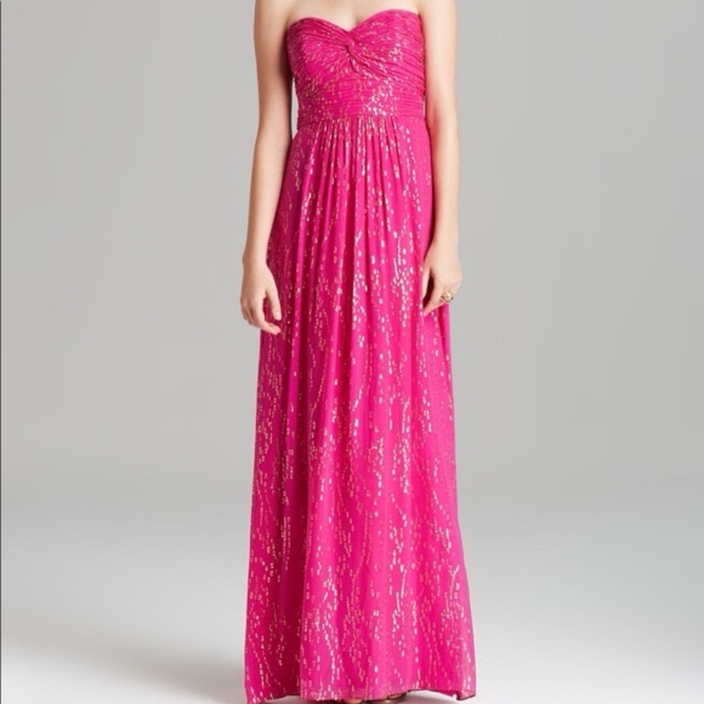 Laundry Shelli Segal Silk Metallic Pink Gold Strapless Formal Maxi Dress 6 M
